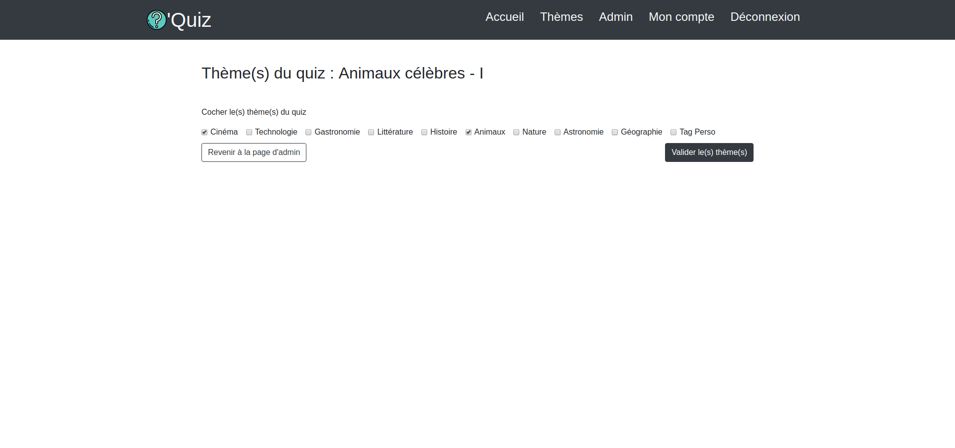 Admin choose quiz tags